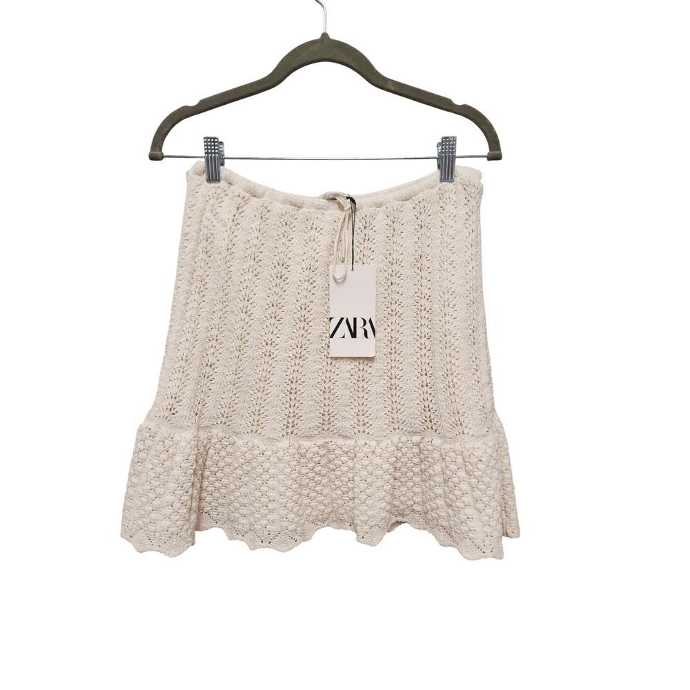 Zara Ecru Knit Pointelle Mini Skirt Ruffle Hem Crochet Boho Cream Large NEW